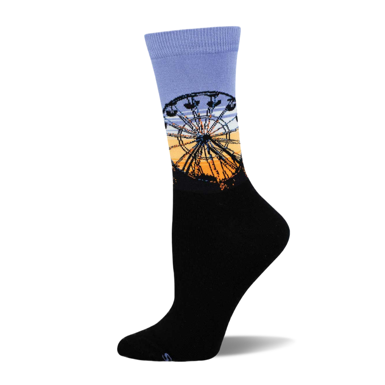 Crew socks in black and periwinkle blue, featuring a detailed Ferris wheel graphic at sunset against a gradient background.
