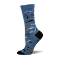 Crew socks in blue featuring whale sharks, divers, and wavy lines.  Black heel and toe.