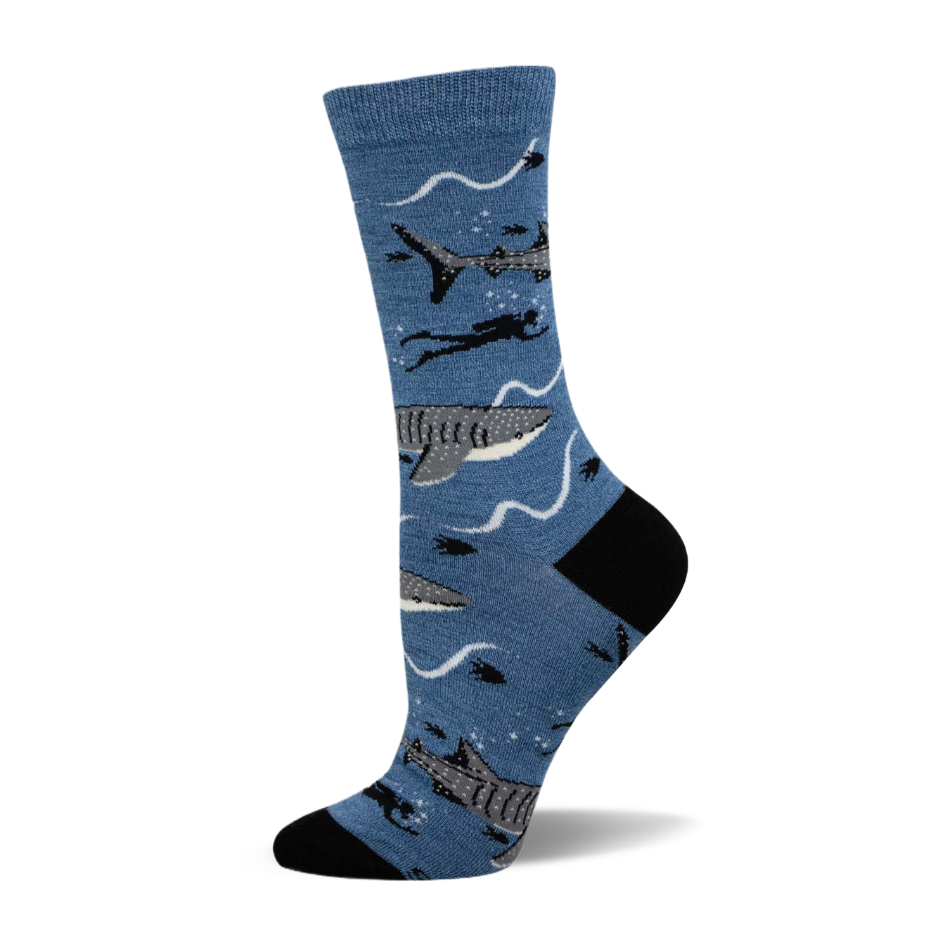 Crew socks in blue featuring whale sharks, divers, and wavy lines.  Black heel and toe.