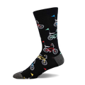 Black crew socks with a fun pattern of colorful retro bicycles and pennants.  A playful and stylish accessory.