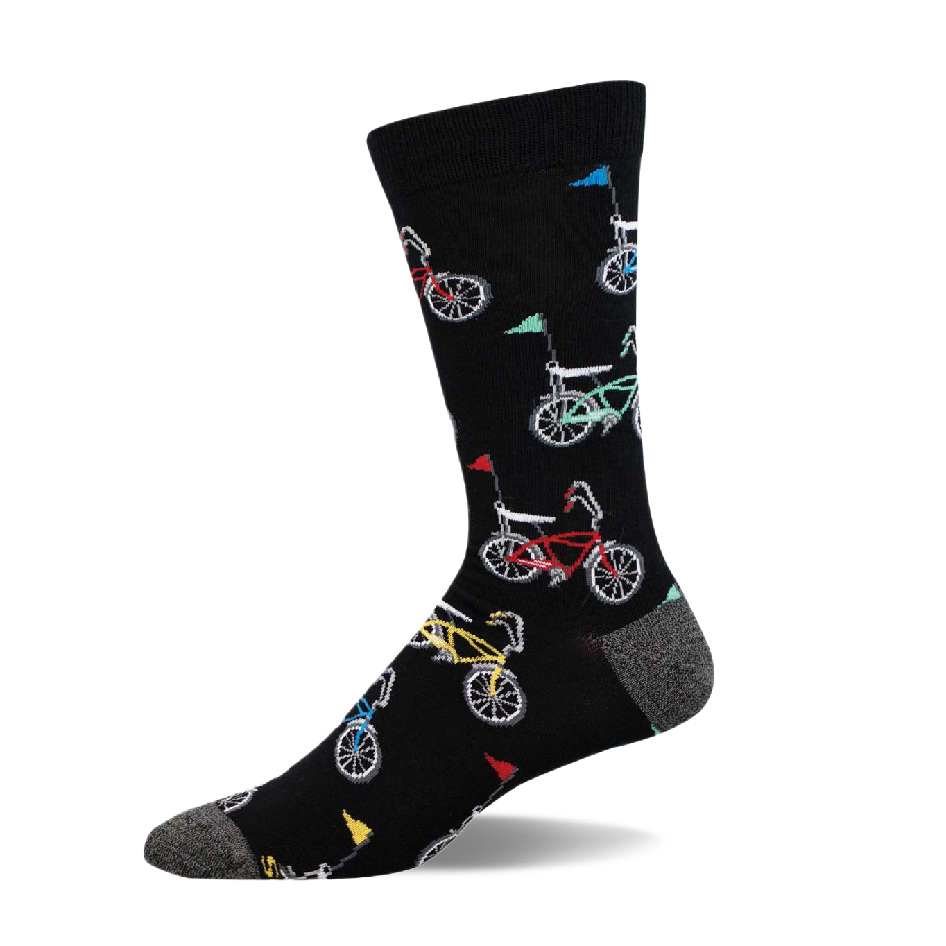 Black crew socks with a fun pattern of colorful retro bicycles and pennants.  A playful and stylish accessory.