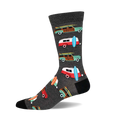 Charcoal grey crew socks with colorful vintage station wagons, surfboards, and teal accents.