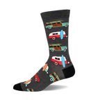 Charcoal grey crew socks with colorful vintage station wagons, surfboards, and teal accents.