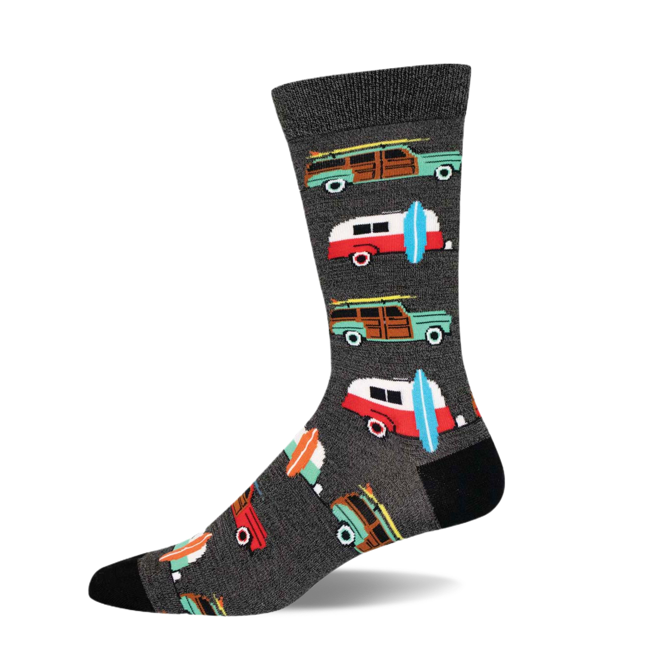 Charcoal grey crew socks with colorful vintage station wagons, surfboards, and teal accents.