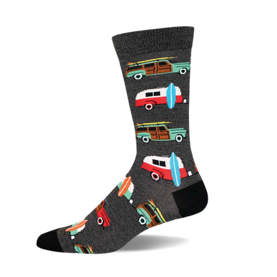 Dark grey crew socks with repeating pattern of teal woodie wagons and red surf vans, both carrying surfboards.