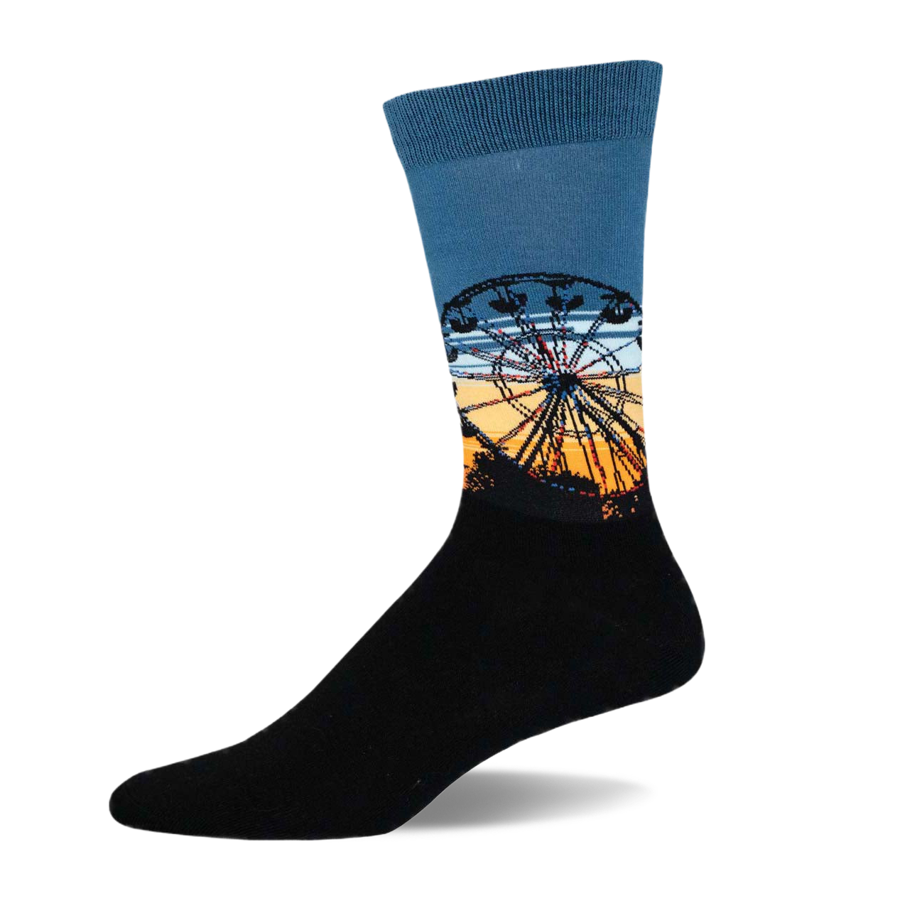 Crew socks with a Ferris wheel graphic against a sunset. Colors include blue, orange, and black.