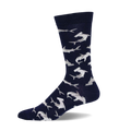 A navy blue crew sock with a pattern of light gray hammerhead sharks. The sock is shown from the side, highlighting its design and comfortable fit.