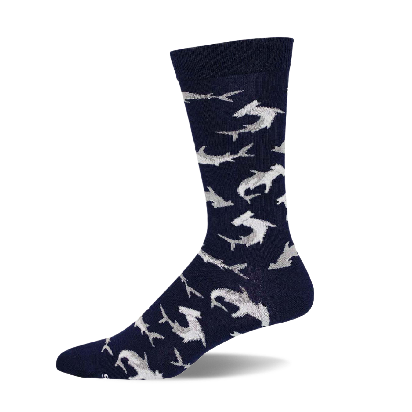 A navy blue crew sock with a pattern of light gray hammerhead sharks. The sock is shown from the side, highlighting its design and comfortable fit.
