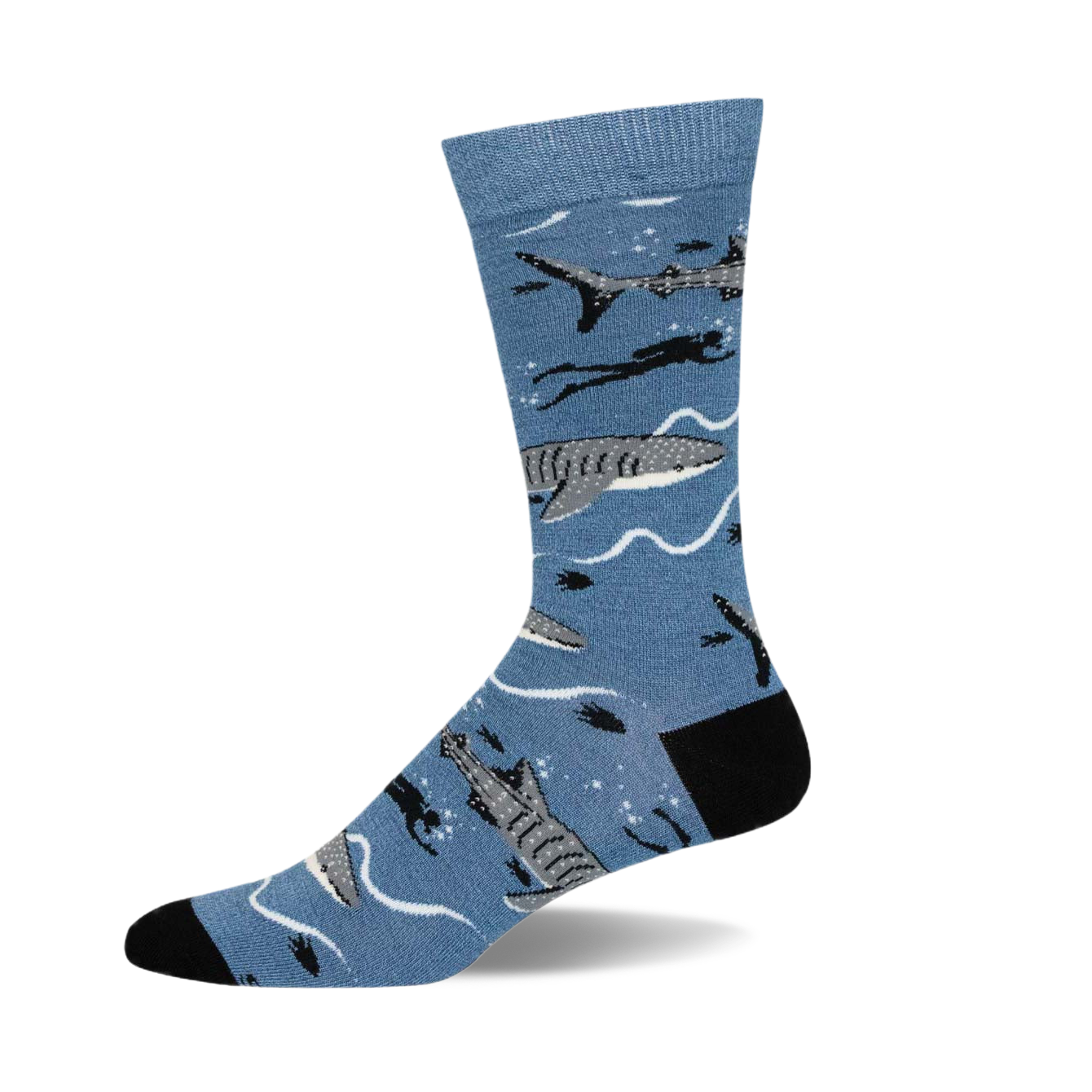 Crew socks in blue featuring a whale shark design with other sharks and divers. Gray, black, and white details on a light blue background.