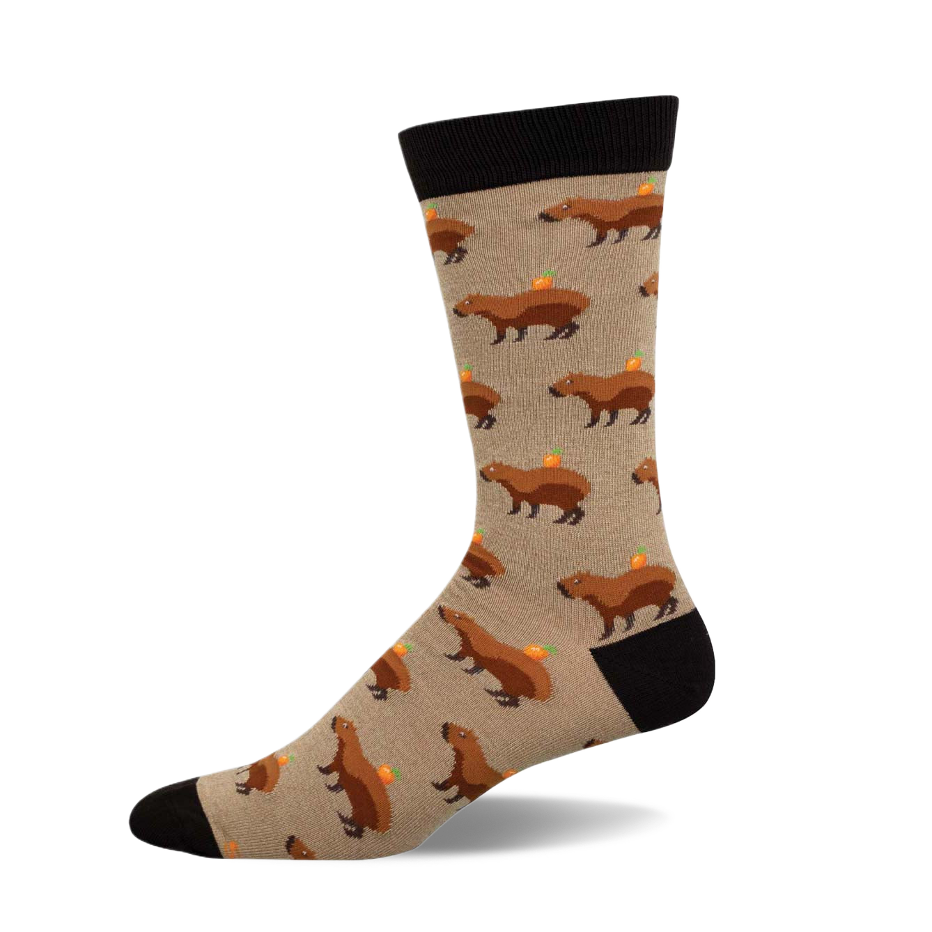 Crew socks showcasing a beige background with repeating illustrations of brown capybaras carrying small oranges.