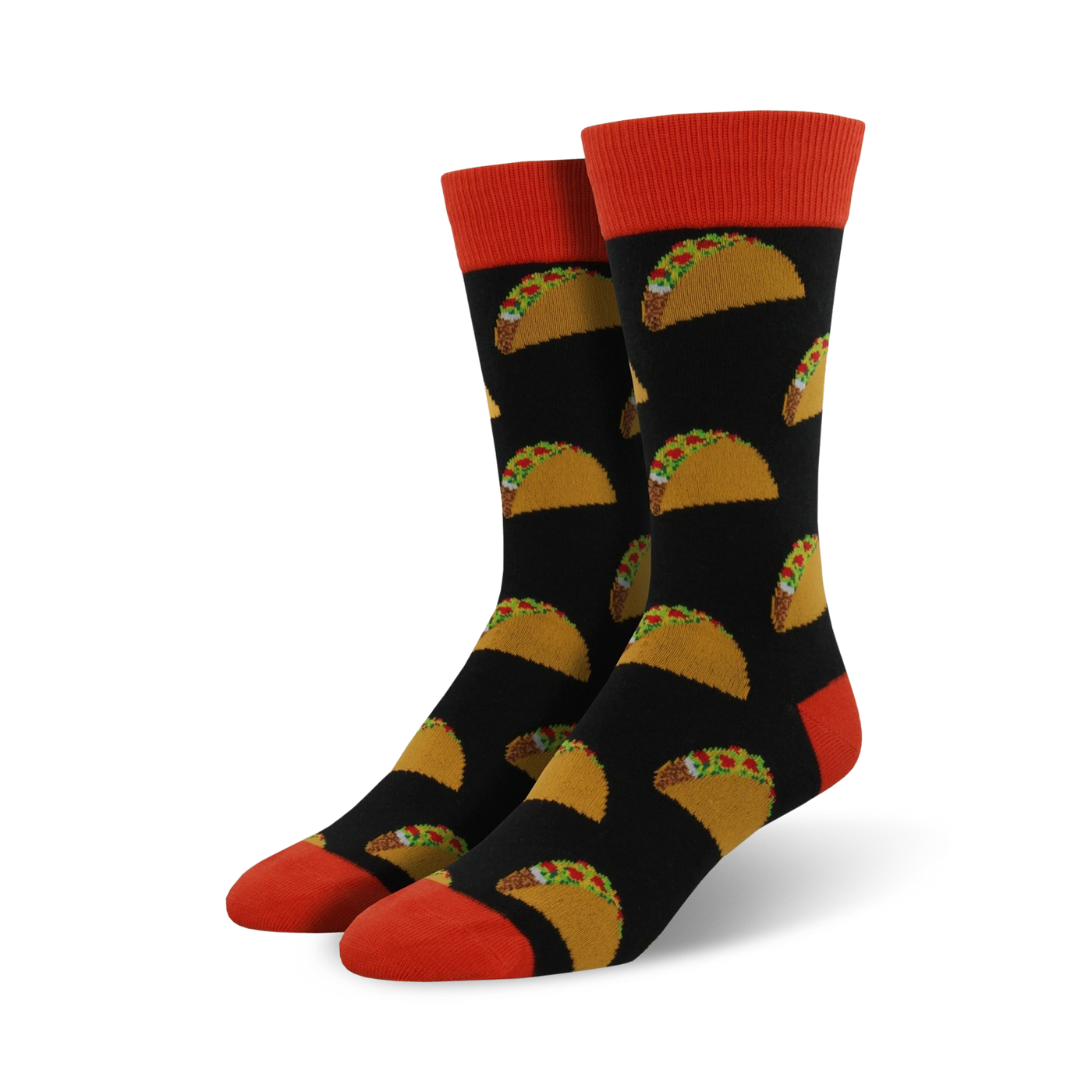 Pair of black crew socks with a repeating pattern of yellow tacos and green toppings. The socks have orange cuffs.
