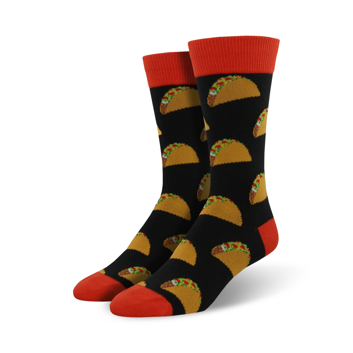 Pair of black crew socks with a repeating pattern of yellow tacos and green toppings. The socks have orange cuffs.