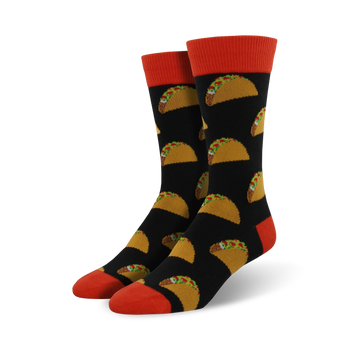 mens crew length socks with allover cartoon taco pattern in black.    