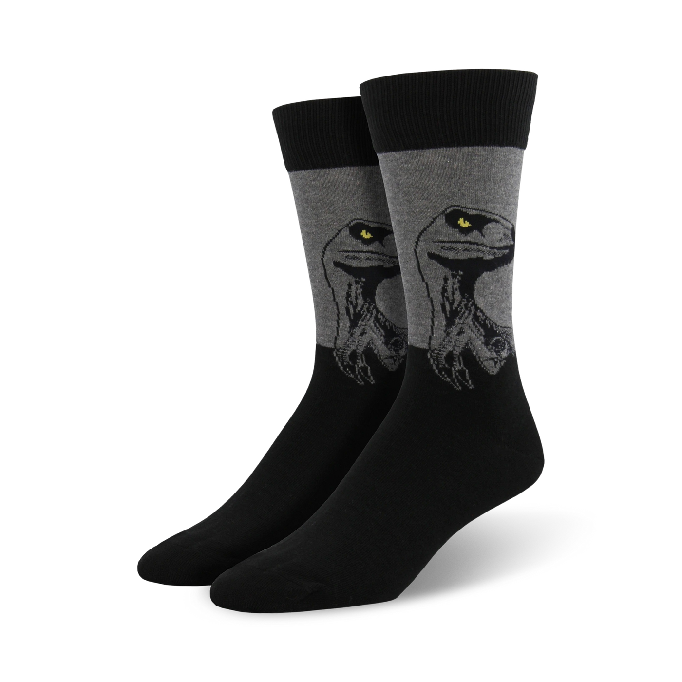 Pair of men's crew socks. Black and gray color scheme.  Features a graphic of a Velociraptor's face.