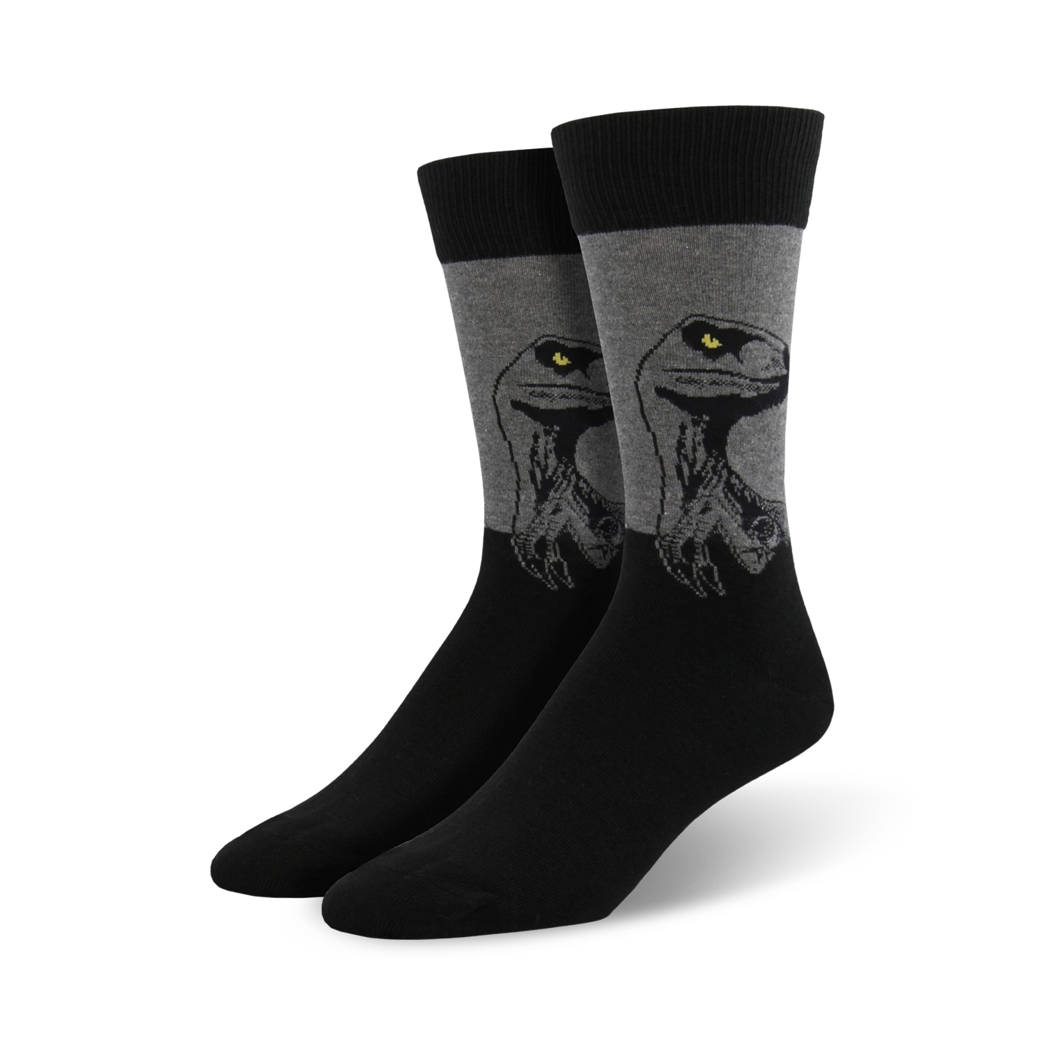 Pair of men's crew socks. Black and gray color scheme.  Features a graphic of a Velociraptor's face.