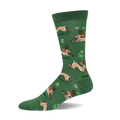 Green crew socks with a whimsical pattern of brown jackalopes hopping across a field of small white flowers and green grass.