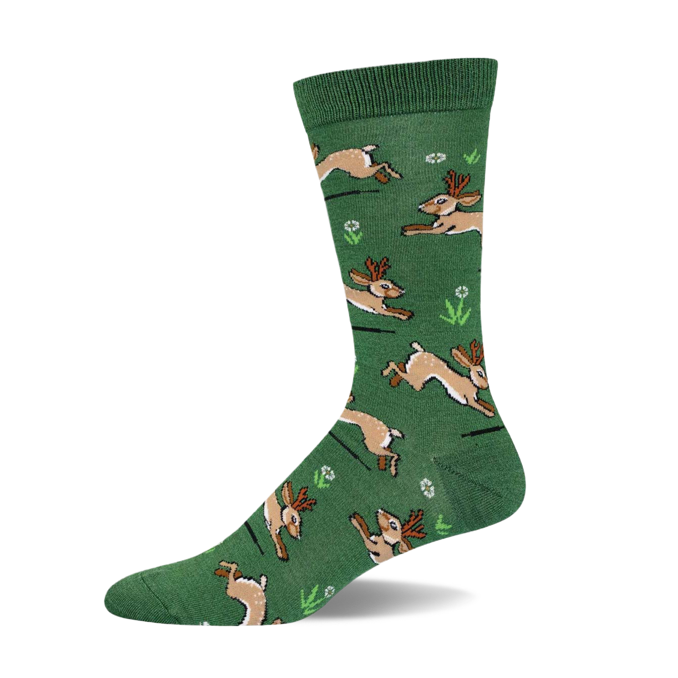 Green crew socks with a whimsical pattern of brown jackalopes hopping across a field of small white flowers and green grass.