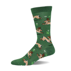 Green crew socks with a whimsical pattern of brown jackalopes hopping across a field of small white flowers and green grass.