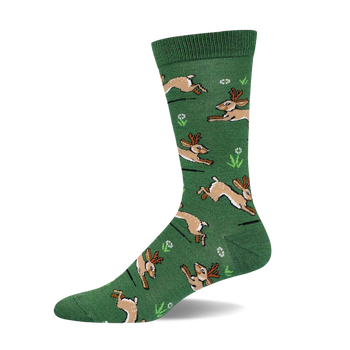 Green crew socks with a whimsical pattern of brown jackalopes hopping across a field of small white flowers and green grass.