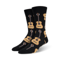 Pair of men's crew socks in black with a repeating pattern of tan acoustic guitars.  Fun and musical!