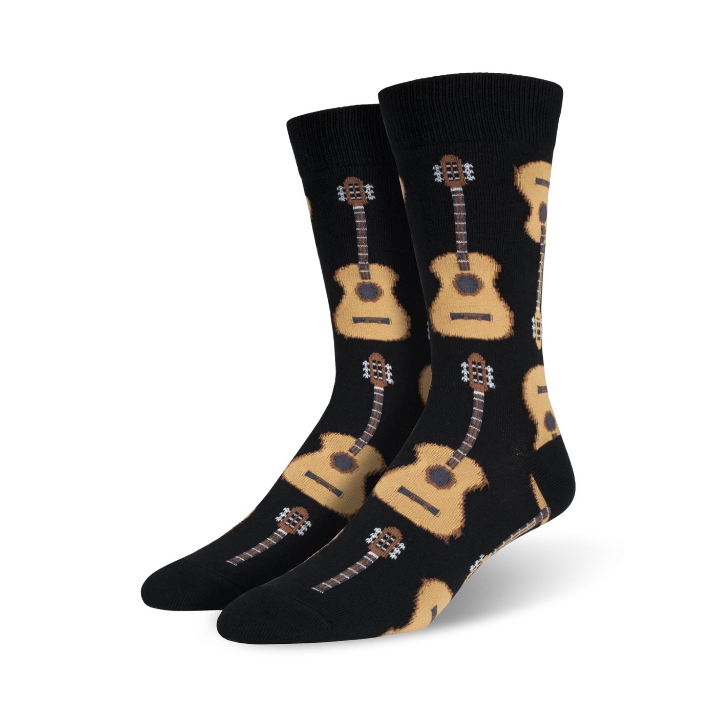 Pair of men's crew socks in black with a repeating pattern of tan acoustic guitars.  Fun and musical!