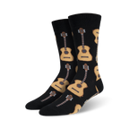 Pair of men's crew socks in black with a repeating pattern of tan acoustic guitars.  Fun and musical!