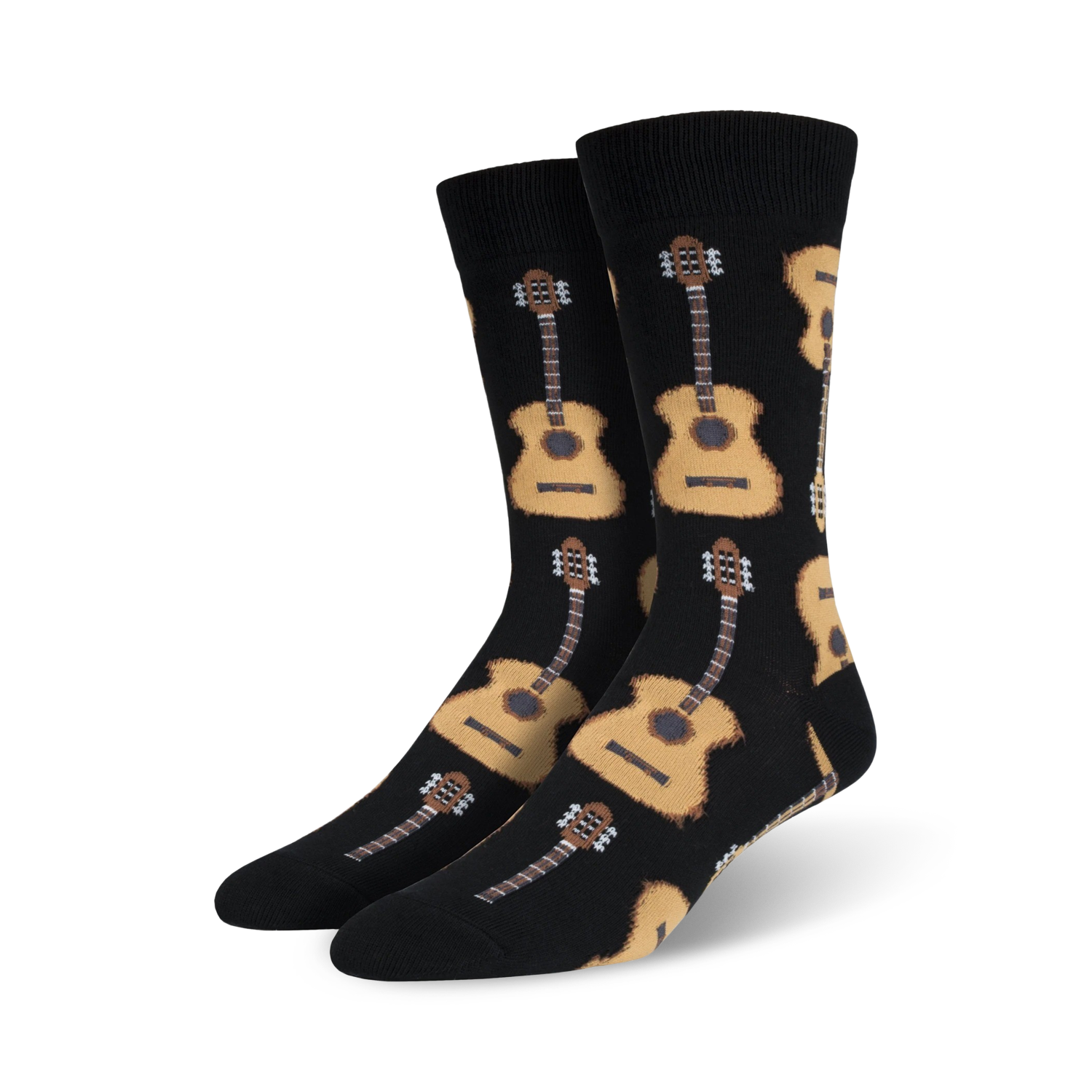 Pair of men's crew socks in black with a repeating pattern of tan acoustic guitars.  Fun and musical!