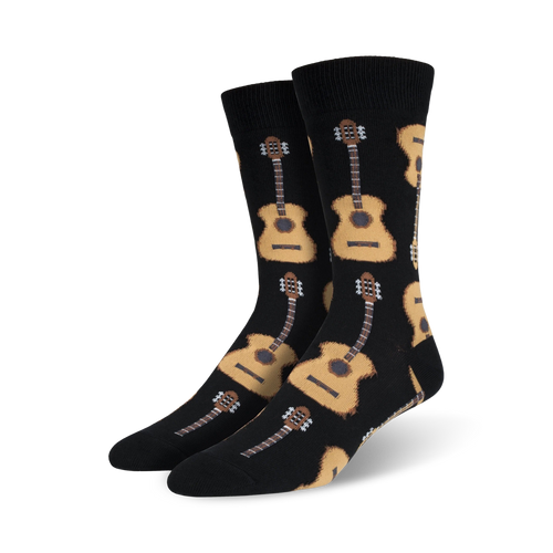 Pair of men's crew socks in black with a repeating pattern of tan acoustic guitars.  Fun and musical!
