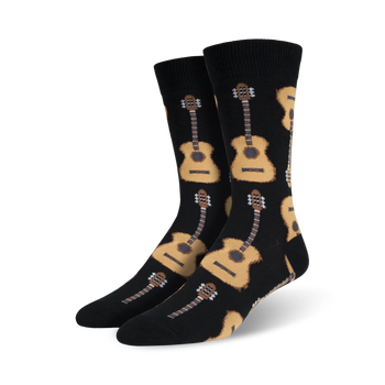 men's black xl crew socks with a brown guitar pattern.   
