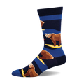 Crew socks in navy blue and royal blue with a pattern of brown bears surfing on yellow surfboards.