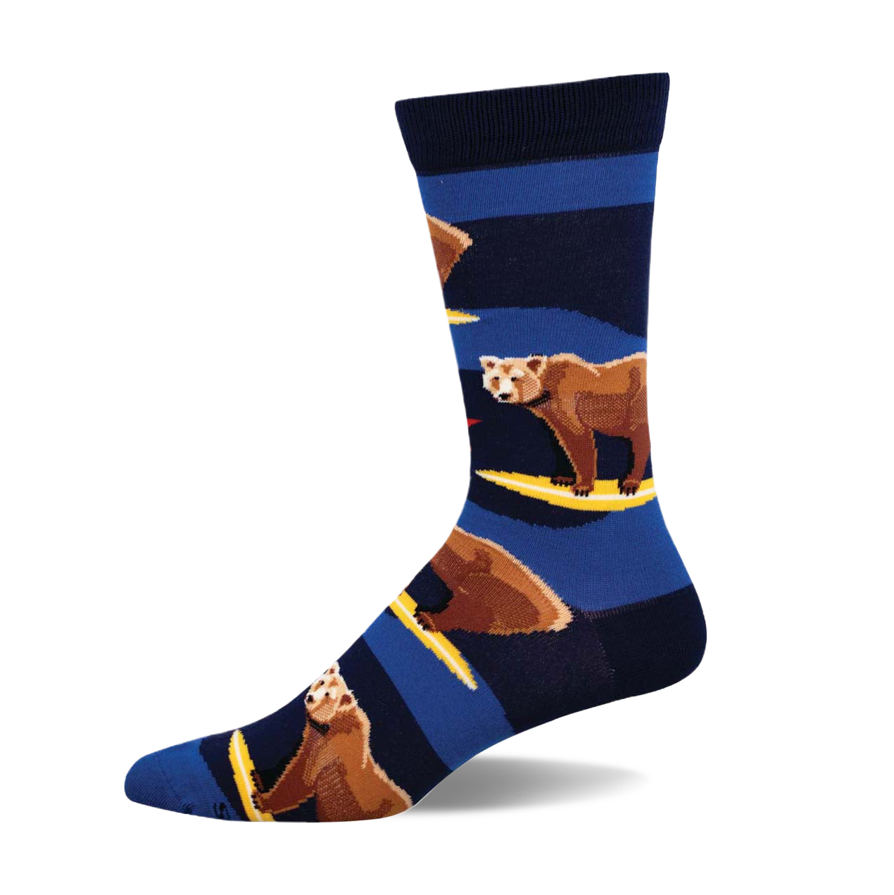 Crew socks in navy blue and royal blue with a pattern of brown bears surfing on yellow surfboards.