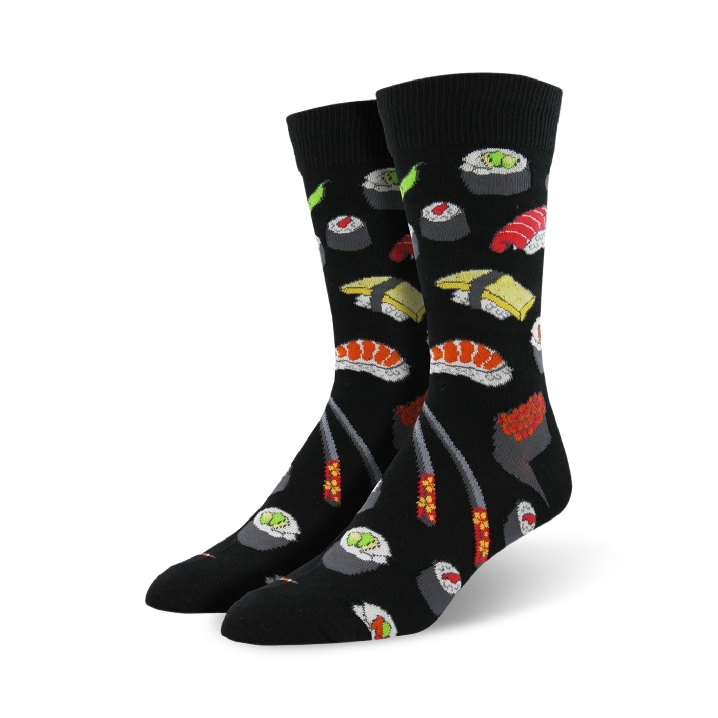 Flatlay showcasing the black Sushi socks against a white background.