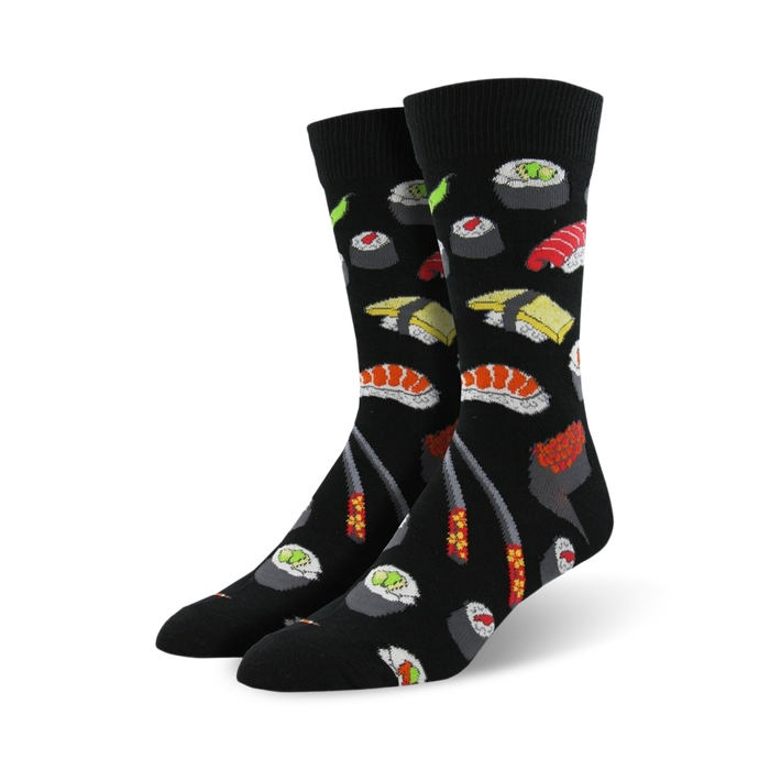 sushi themed crew socks for men feature nigiri, maki, sashimi, roe, and a green vegetable in a repeating pattern   