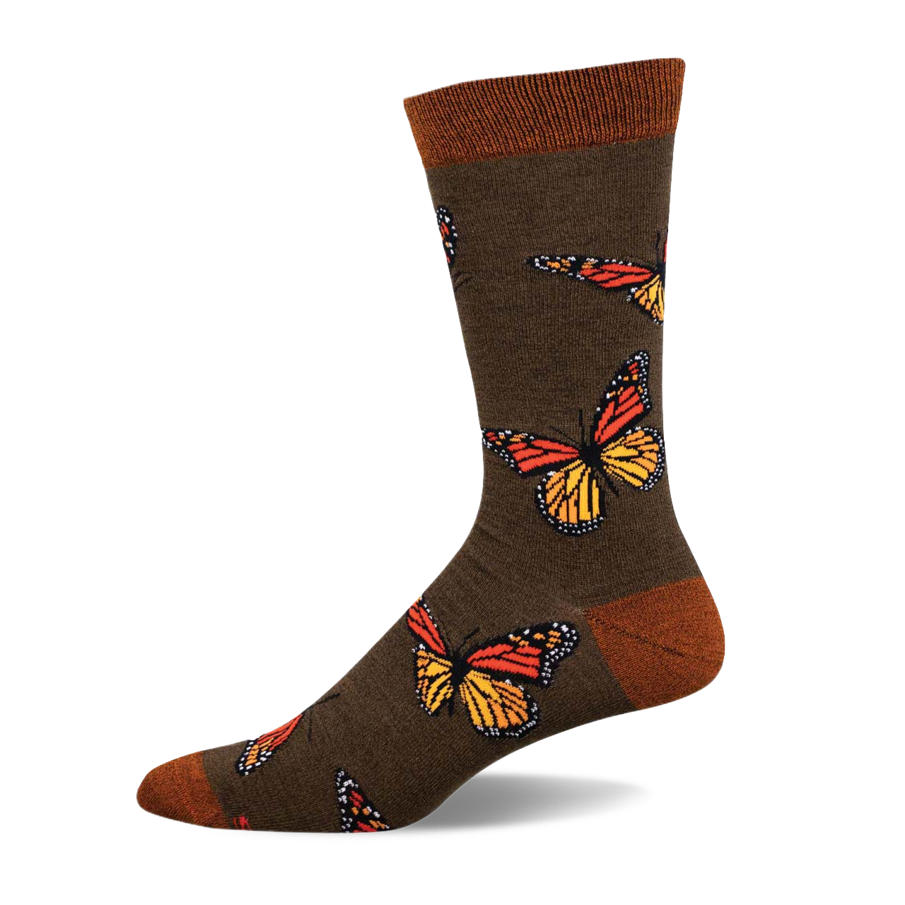Olive green crew socks adorned with colorful monarch butterflies.  The socks have an orange and yellow butterfly design and a brown cuff.