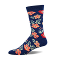 A single navy blue crew sock with a pattern of coral, peach, and red flowers and green leaves. 