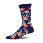 A single navy blue crew sock with a pattern of coral, peach, and red flowers and green leaves. 