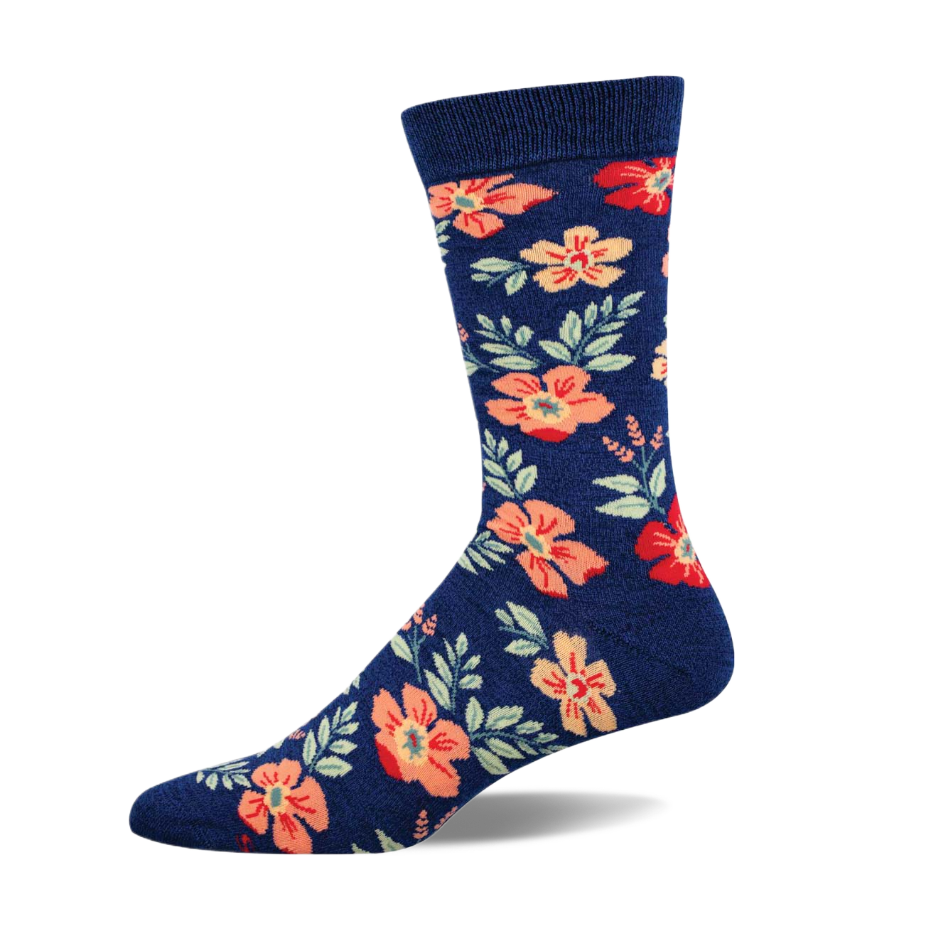 A single navy blue crew sock with a pattern of coral, peach, and red flowers and green leaves. 