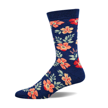 Single crew sock with a navy blue background, patterned with orange, red, and peach wildflowers and green leaves.