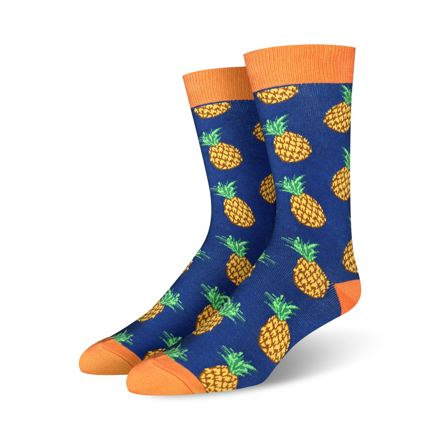 A pair of blue crew socks with a repeating pattern of yellow pineapples.  The socks have orange cuffs.