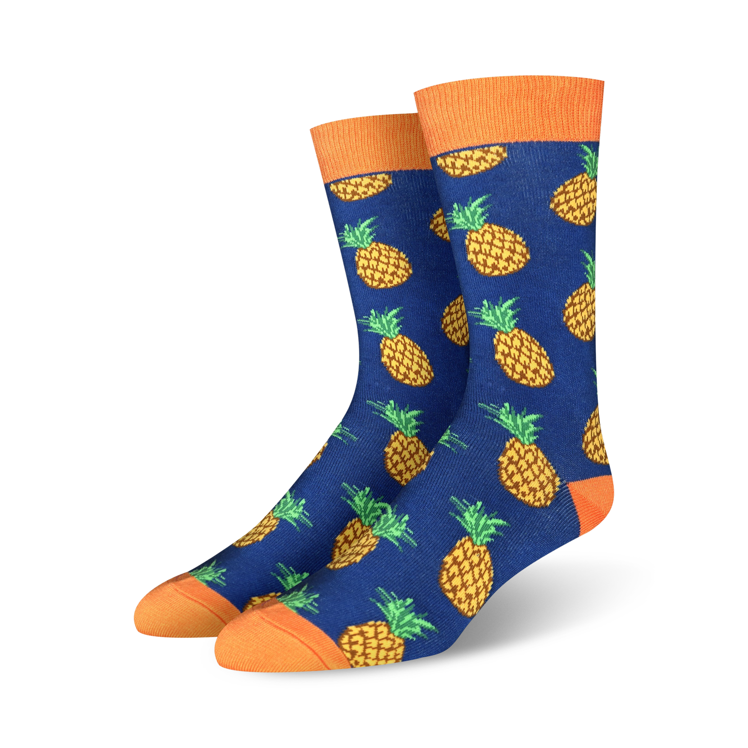 A pair of blue crew socks with a repeating pattern of yellow pineapples.  The socks have orange cuffs.