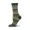 Close-up of a crew sock with a repeating pattern of red and white mushrooms on a green background. Brown cuff detail.