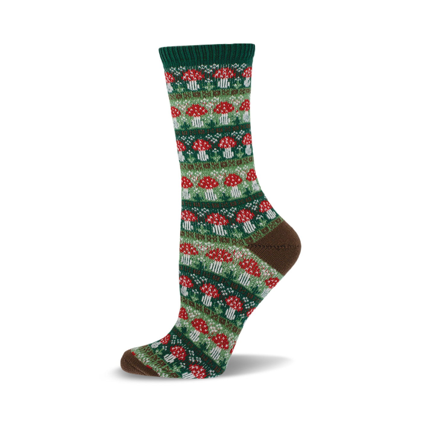 Close-up of a crew sock with a repeating pattern of red and white mushrooms on a green background. Brown cuff detail.
