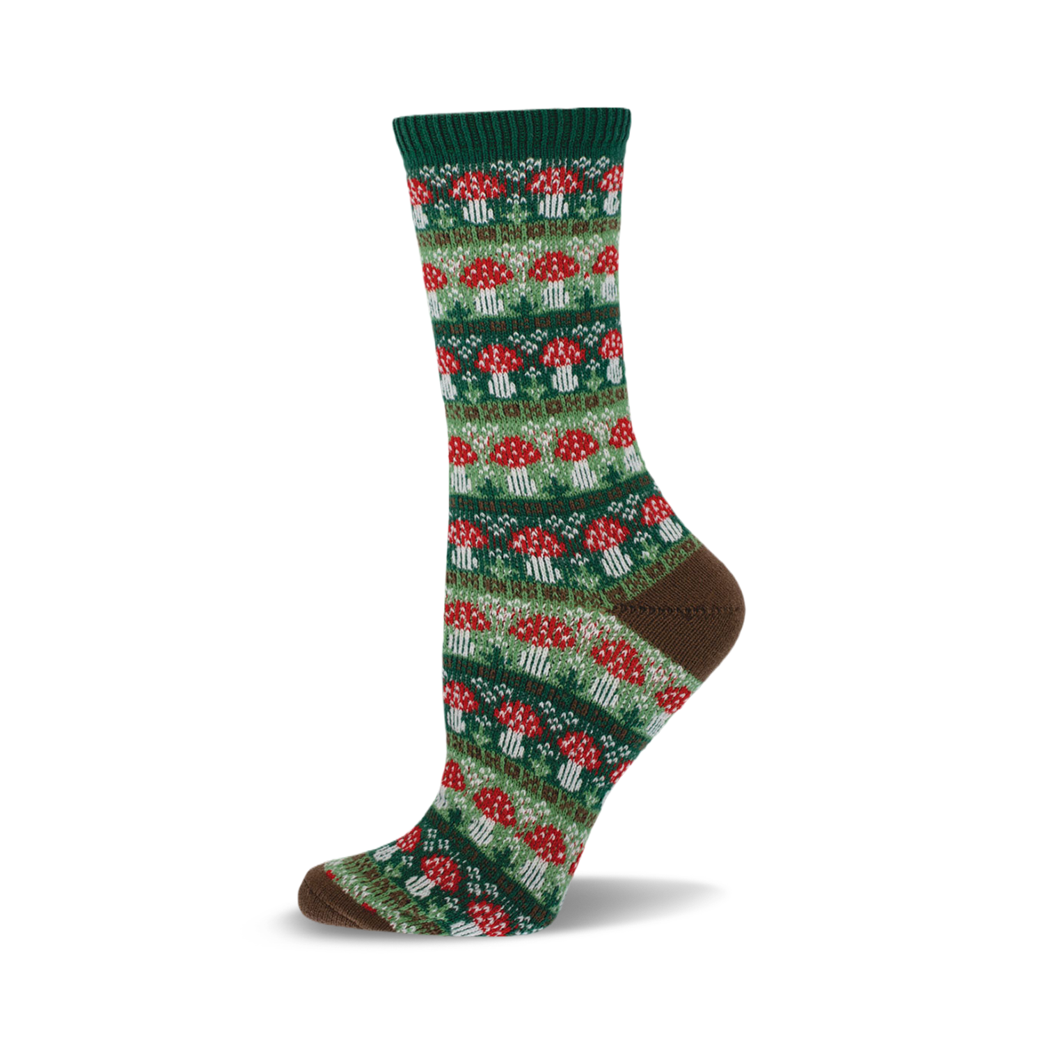 Close-up of a crew sock with a repeating pattern of red and white mushrooms on a green background. Brown cuff detail.