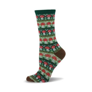 a single green sock with a brown heel and toe. the sock is patterned with red and white mushrooms.