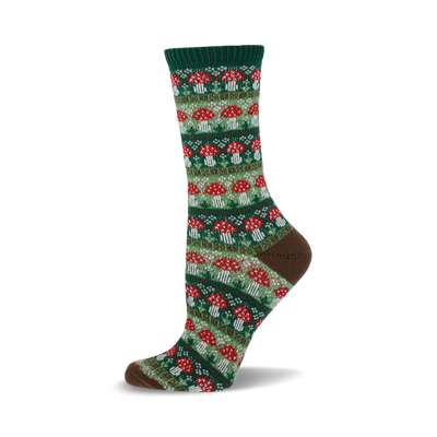 a single green sock with a brown heel and toe. the sock is patterned with red and white mushrooms.