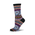 Black crew socks with a Fair Isle pattern in teal, purple, and orange.  The design includes floral and geometric shapes.