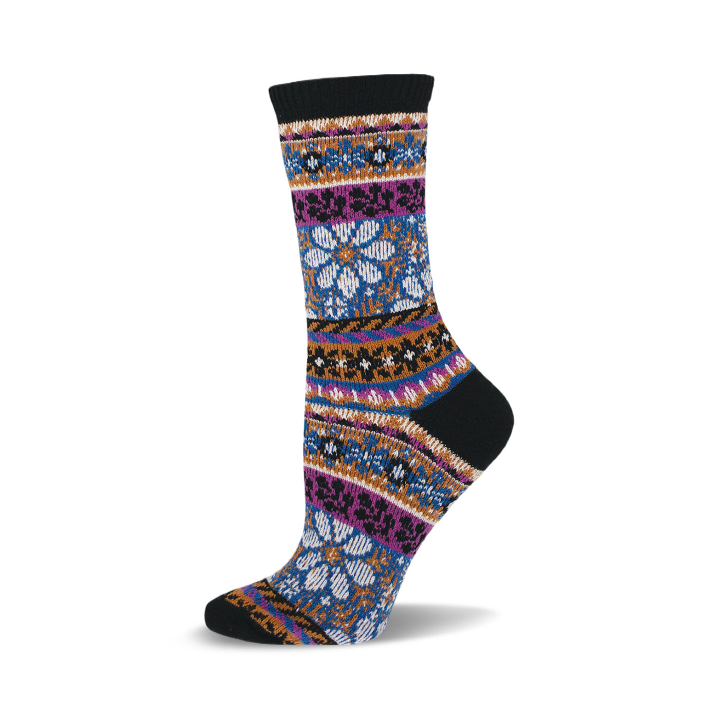 Black crew socks with a Fair Isle pattern in teal, purple, and orange.  The design includes floral and geometric shapes.