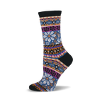 Black crew socks with a Fair Isle pattern in teal, purple, and orange.  The design includes floral and geometric shapes.