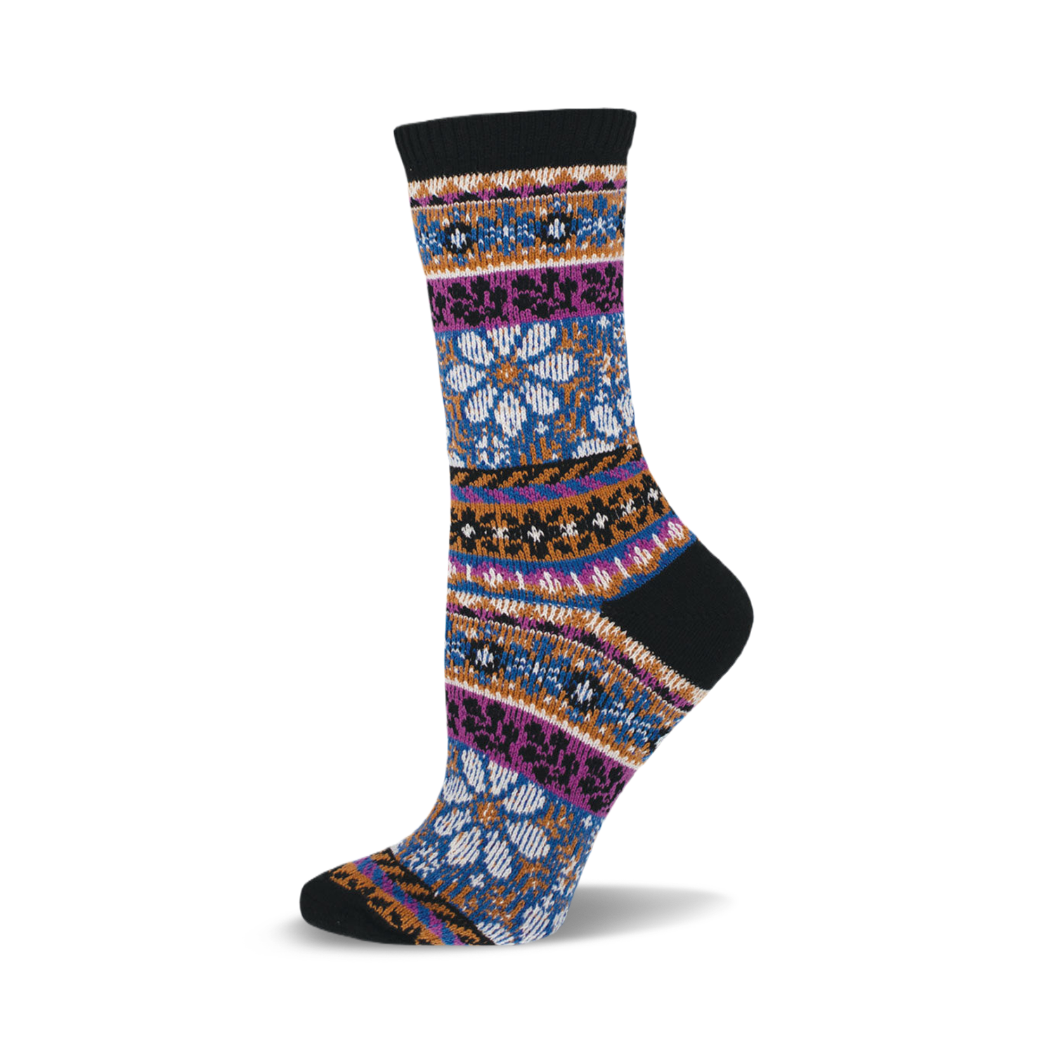 Black crew socks with a Fair Isle pattern in teal, purple, and orange.  The design includes floral and geometric shapes.