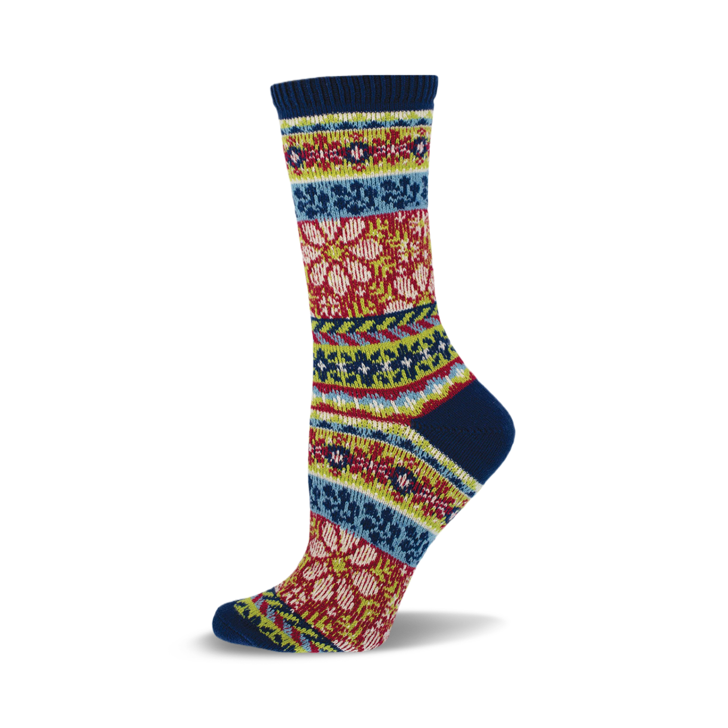 Close-up of a blue crew sock with a similar Fair Isle pattern featuring reds, greens, and yellows.